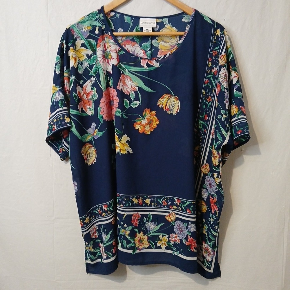 Liz Claiborne XXL Sheet Blouse Blue Floral Print Spring Summer